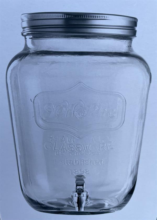 Glass vinegar crock with tap, green checked fabric, 8 litres