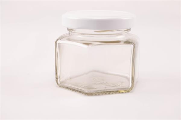 Seks-kantet glas med hvidt låg, 105 ml