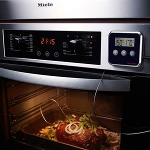 Digitalt stege-, grill- og køkken-termometer med timer, 1 meter ledning og spyd,  0-250 graders skala
