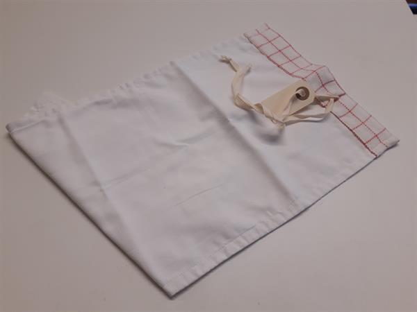 Kornpose / Melpose / Grynpose / Brødpose, hvid bomuld med rødternet kant, bredde 25 cm / længde 42 cm
